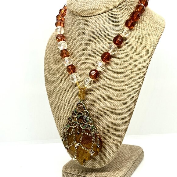 VINTAGE CZECH STYLE WHIMSYGOTH AMBER ACRYLIC FILIGREE NECKLACE FANTASY - Picture 5 of 16